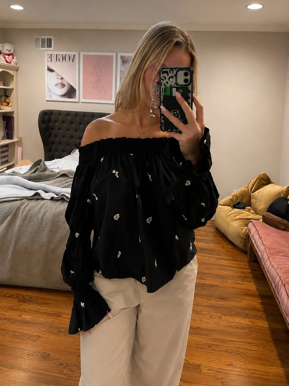 Zara Off Shoulder Embroidered Peasant Blouse Top Black Boho Romantic Size S